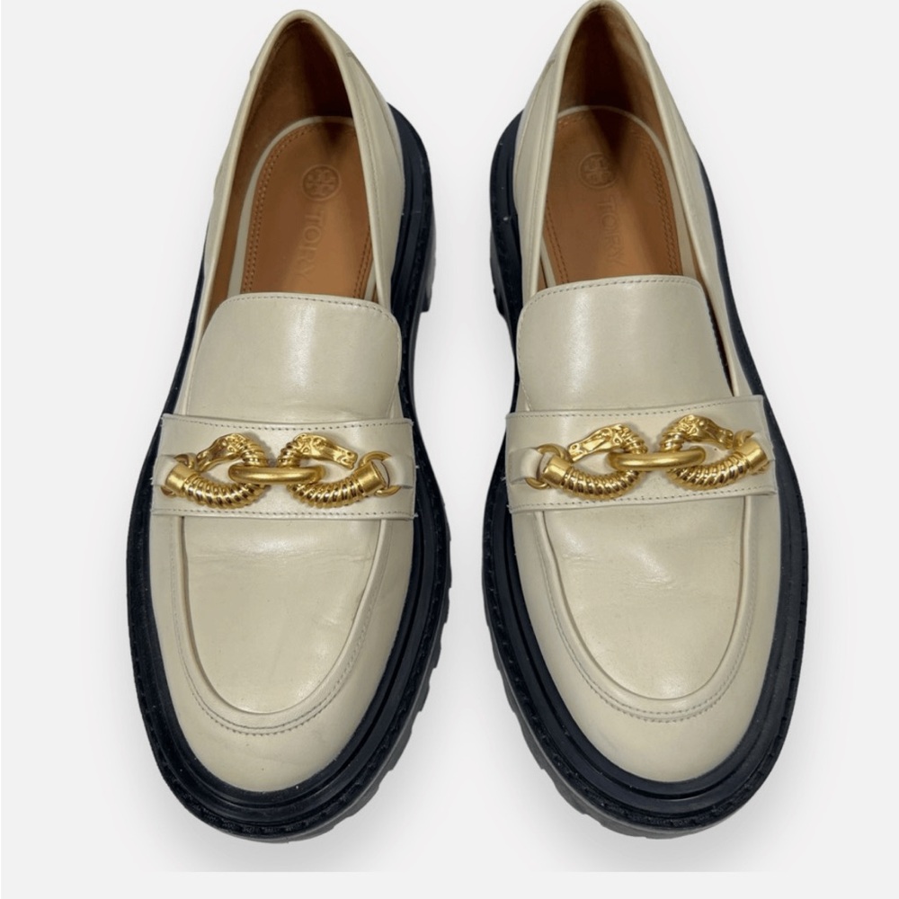 Tory Burch Jessa Leather Lug Sole Gold Chain Link Loafers Cream Academia Size 8